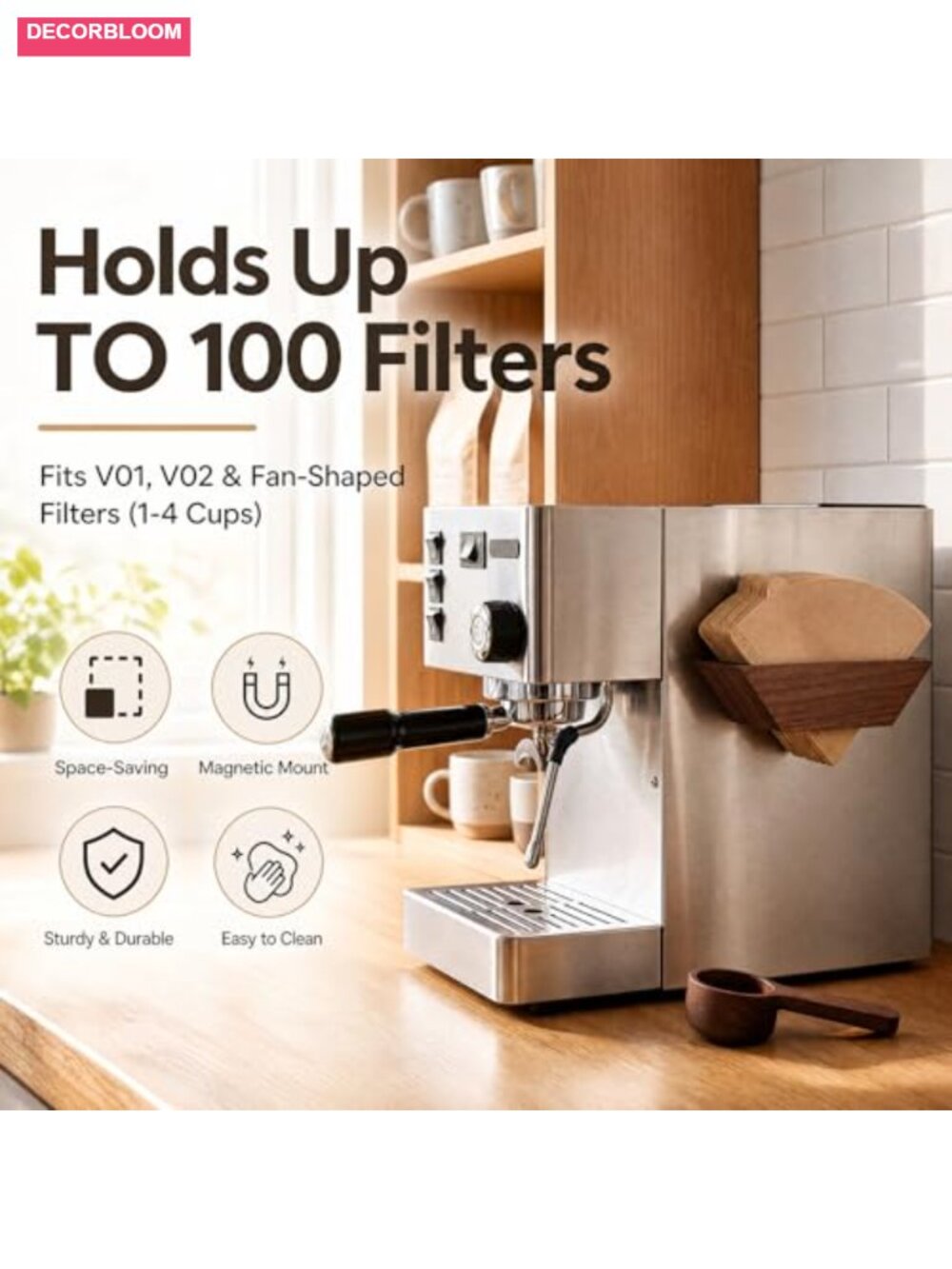Magnetic Walnut Wood Coffee Filter Holder Set with 100 Filters & Spoon - Picture 3 of 6